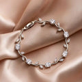 Dainty Stainless Steel Cubic Zirconia Leaf Vine Bracelet, Elegant Silver Tone