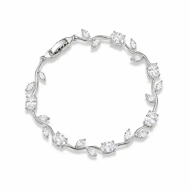 Dainty Stainless Steel Cubic Zirconia Leaf Vine Bracelet, Elegant Silver Tone