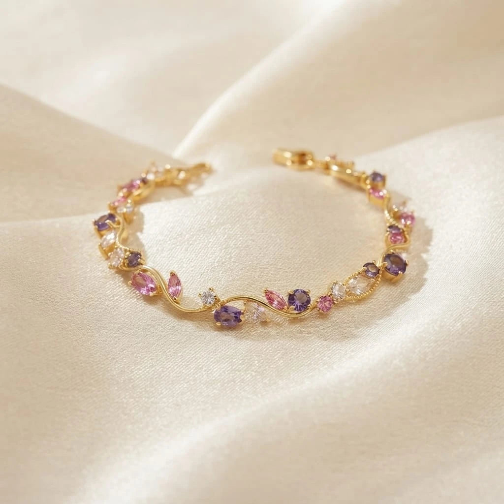 Gold Plated Floral Vine Bracelet with Multicolored Gemstones – Elegant Women’s Jewelry