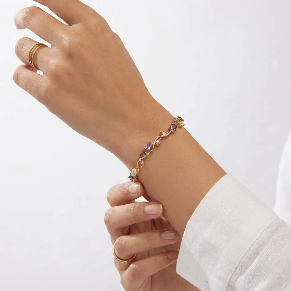 Gold Plated Floral Vine Bracelet with Multicolored Gemstones – Elegant Women’s Jewelry
