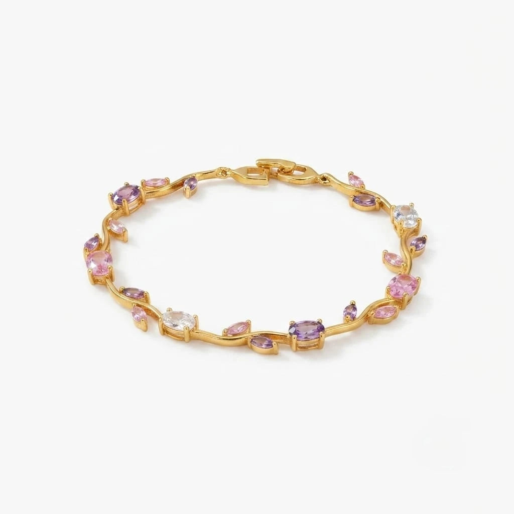 Gold Plated Floral Vine Bracelet with Multicolored Gemstones – Elegant Women’s Jewelry