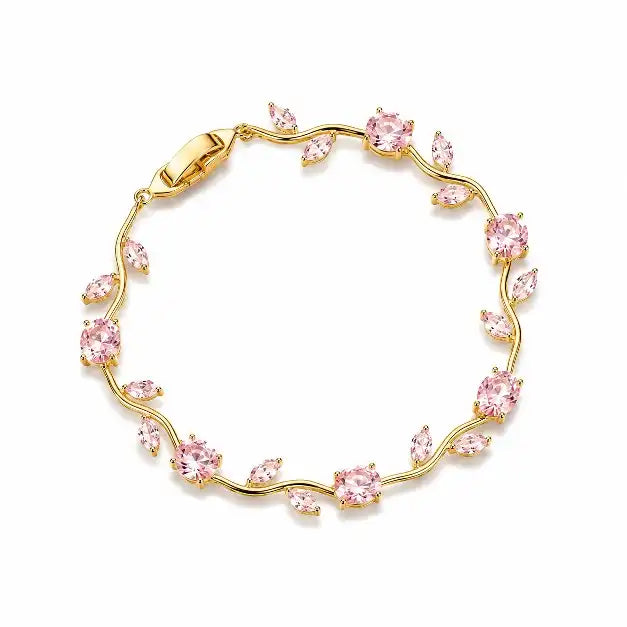 Dainty Gold-Plated Stainless Steel Pink Cubic Zirconia Leaf Vine Bracelet, Elegant Crystal