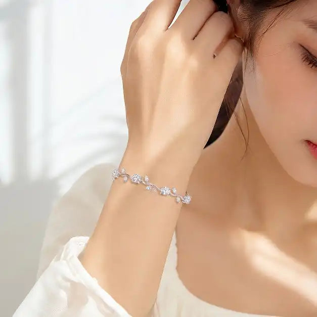 Dainty Stainless Steel Cubic Zirconia Leaf Vine Bracelet, Elegant Silver Tone