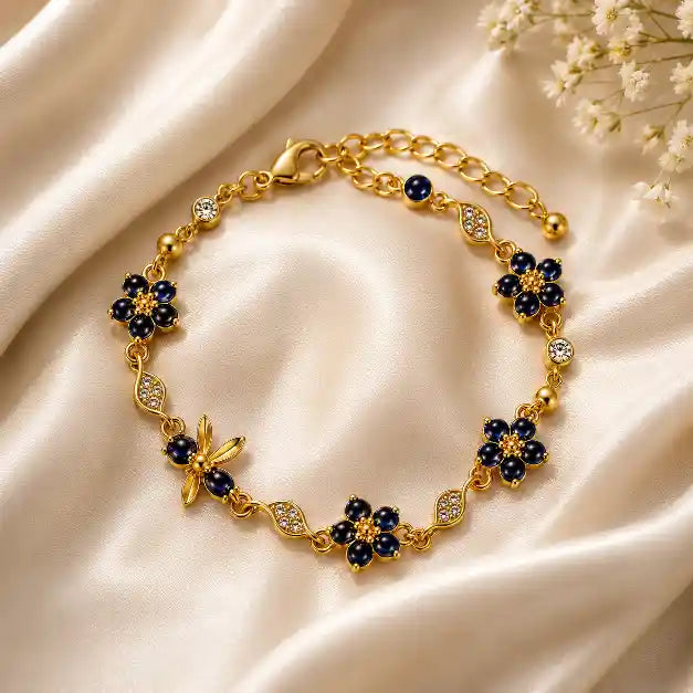 Dainty Gold-Plated Stainless Steel Blue Flower & Bee Bracelet, Elegant Nature-Inspired