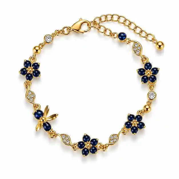 Dainty Gold-Plated Stainless Steel Blue Flower & Bee Bracelet, Elegant Nature-Inspired